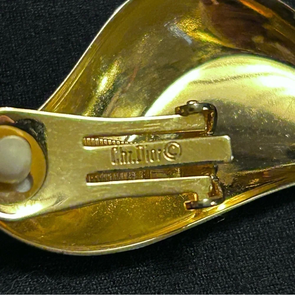 Vintage Christian Dior Gold Wavy Diamond Shaped Earrings- Signed